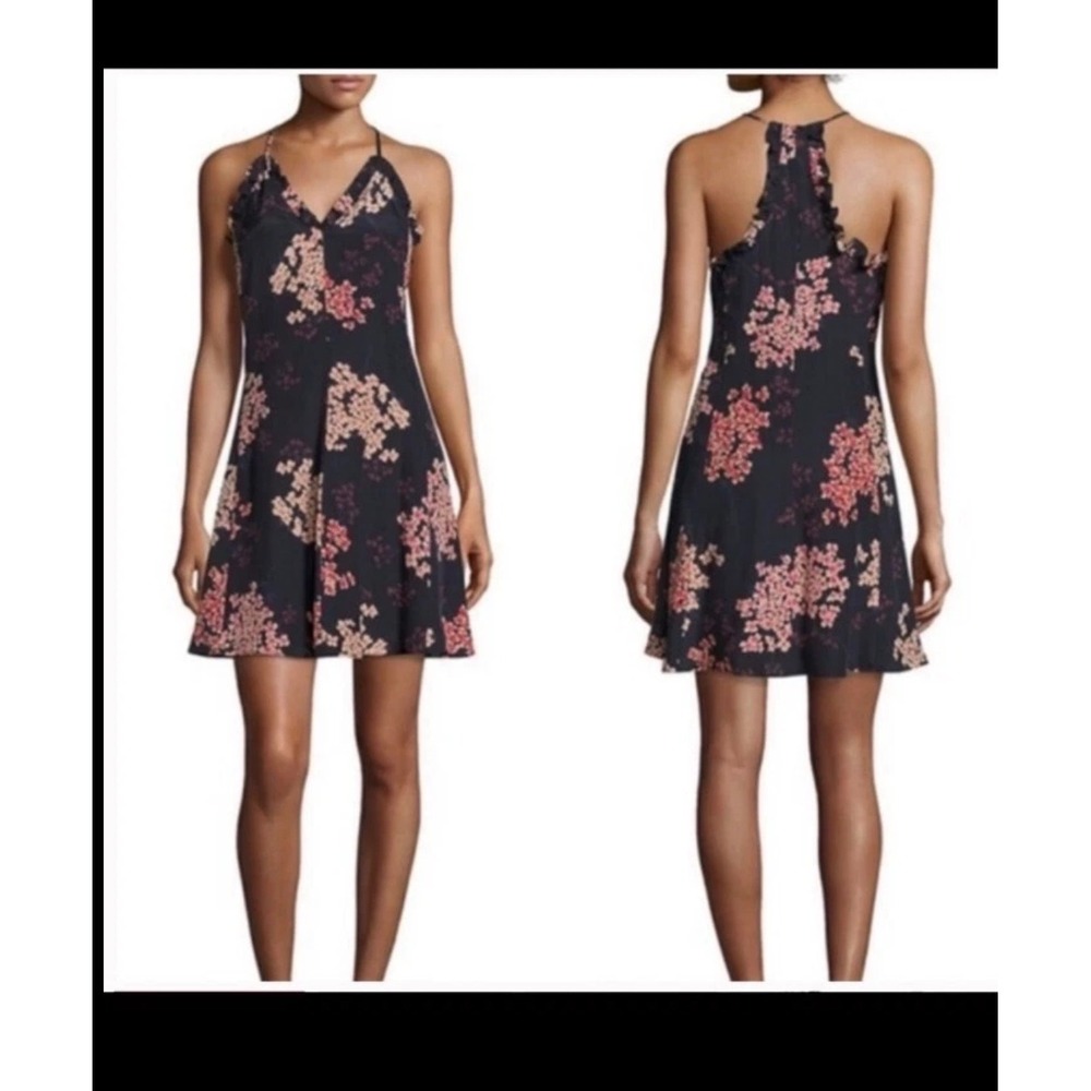 Rebecca Taylor Silk Floral Ruffle Mini Dress Navy Pink Cherry Blossom Size 12